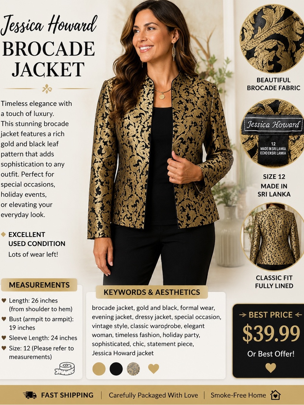 Jessica Howard Gold and Black Brocade Open-Front Jacket